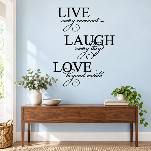 Inspirational wall decal with words LIVE, LAUGH, LOVE and cursive phrases between hearts