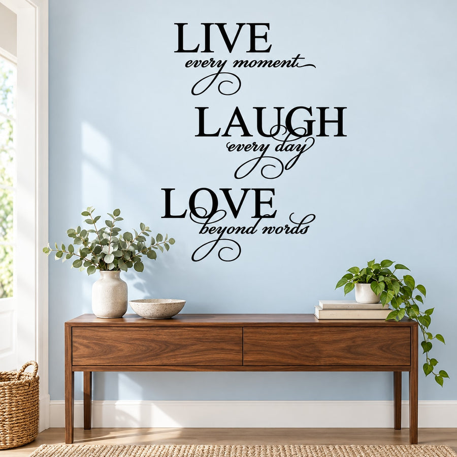 Inspirational wall decal with words LIVE, LAUGH, LOVE and cursive phrases between hearts