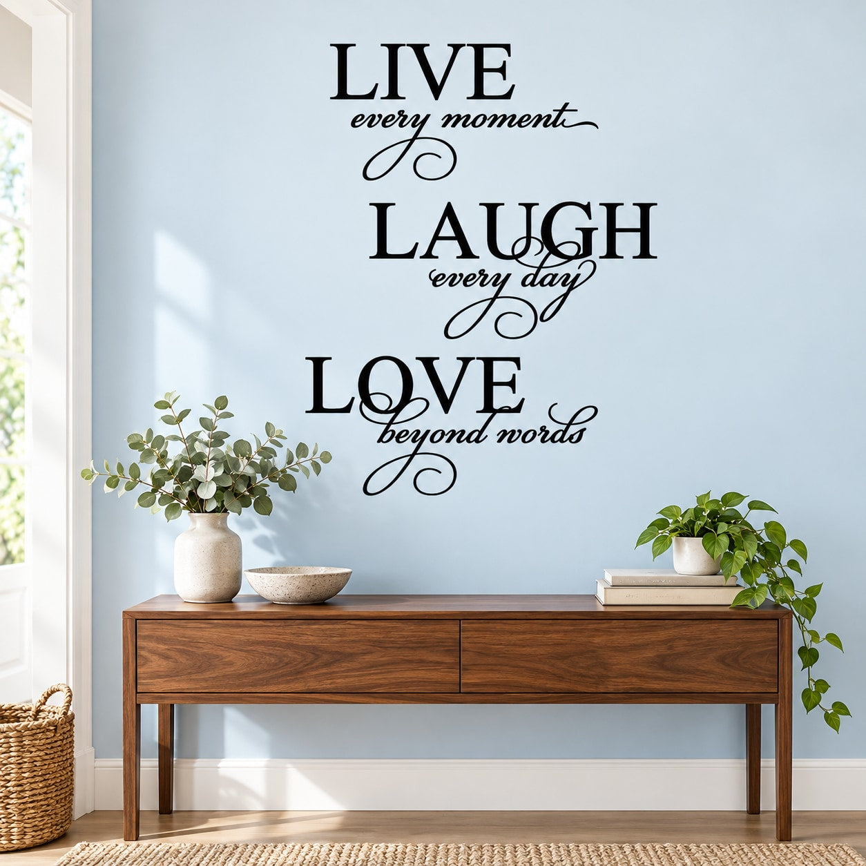 Inspirational wall decal with words LIVE, LAUGH, LOVE and cursive phrases between hearts