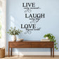 Inspirational wall decal with words LIVE, LAUGH, LOVE and cursive phrases between hearts