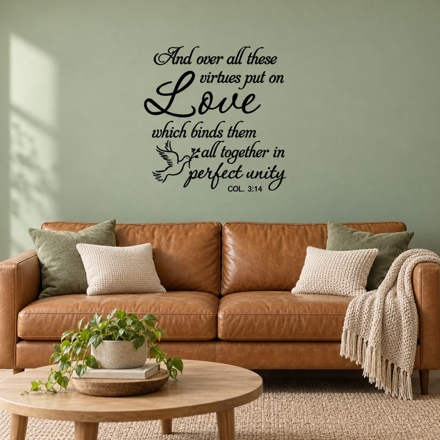 Scripture wall decal with dove and 'Love...perfect unity' quote