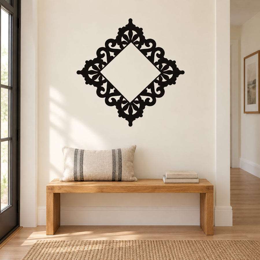 Diamond frame wall decal with ornate black corner scroll design and inner square