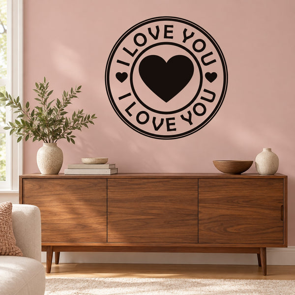 Black circular wall decal with LOVE YOU text and a central heart