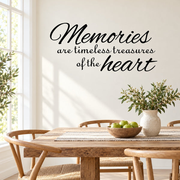 Wall decal with script quote: “Memories are timeless treasures of the heart”