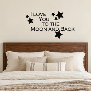 Black wall decal with stars and 'Love you to the Moon and Back' lettering