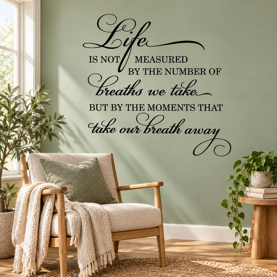 Black cursive wall quote decal with inspirational breathing quote