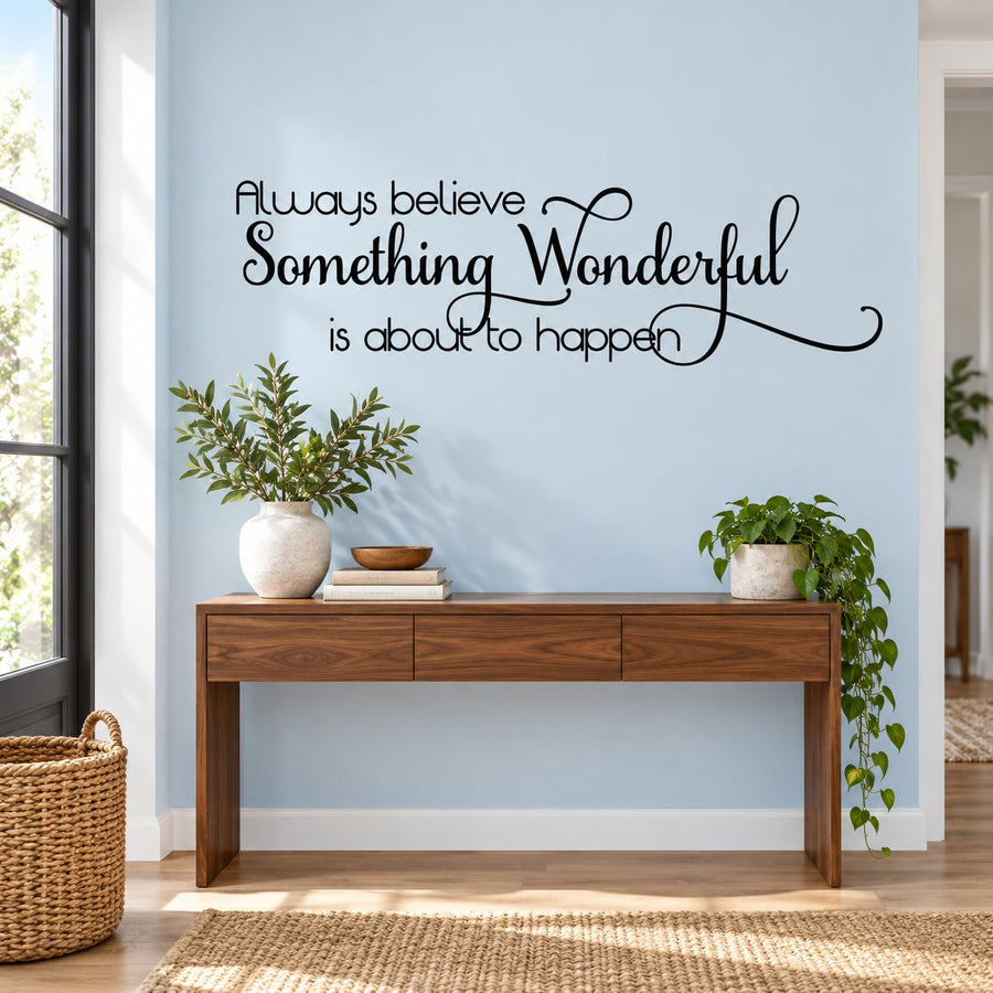 Inspirational wall decal with cursive quote, swirled line and heart, dark lettering