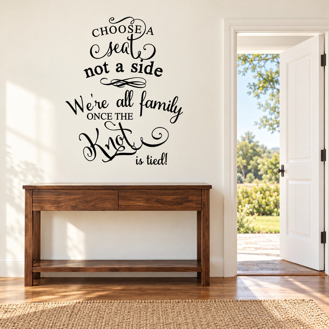 Wedding wall decal with ornate script: Choose a seat not a side, we're all family