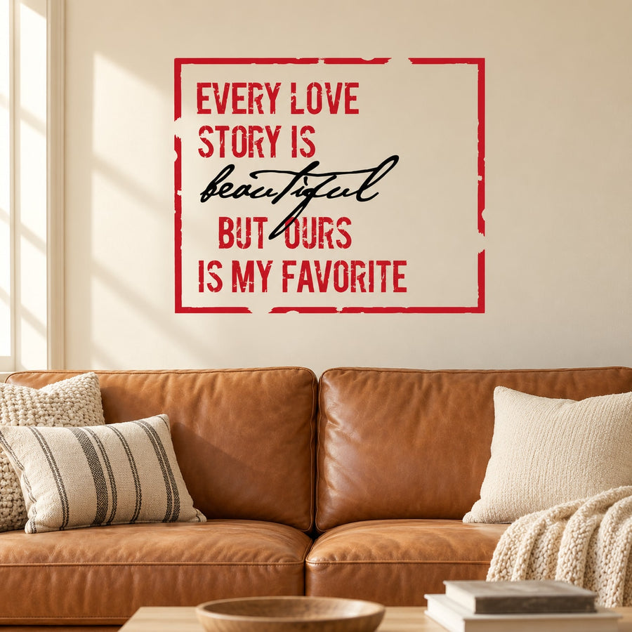 Square love quote wall decal with red border and white cursive text