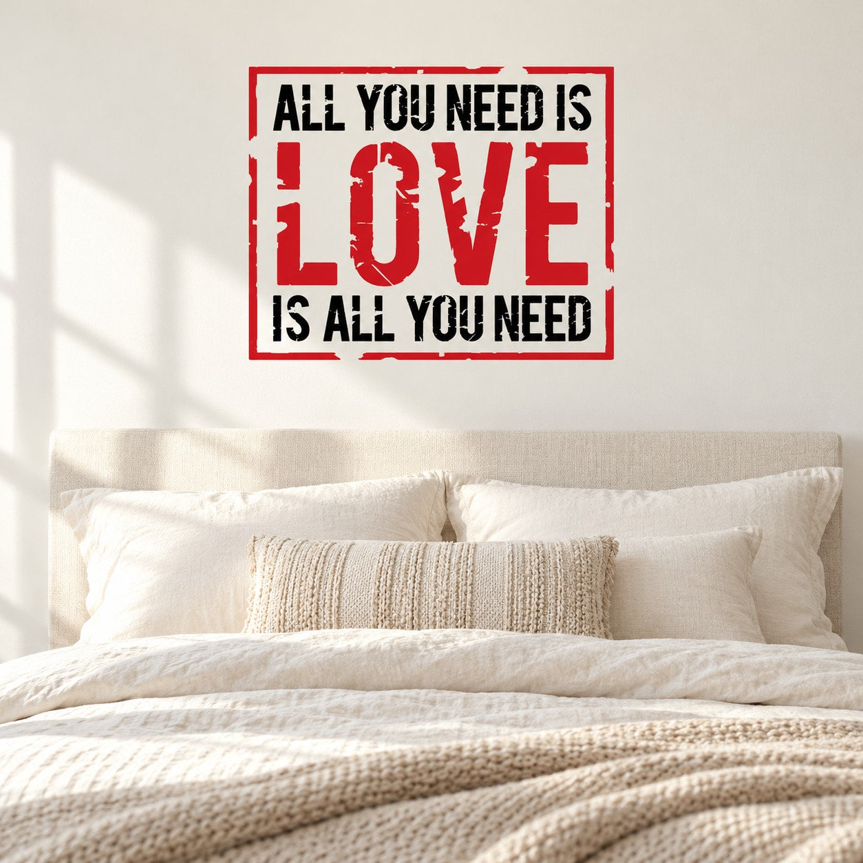Love quote printed die-cut decal, red and black lettering on white