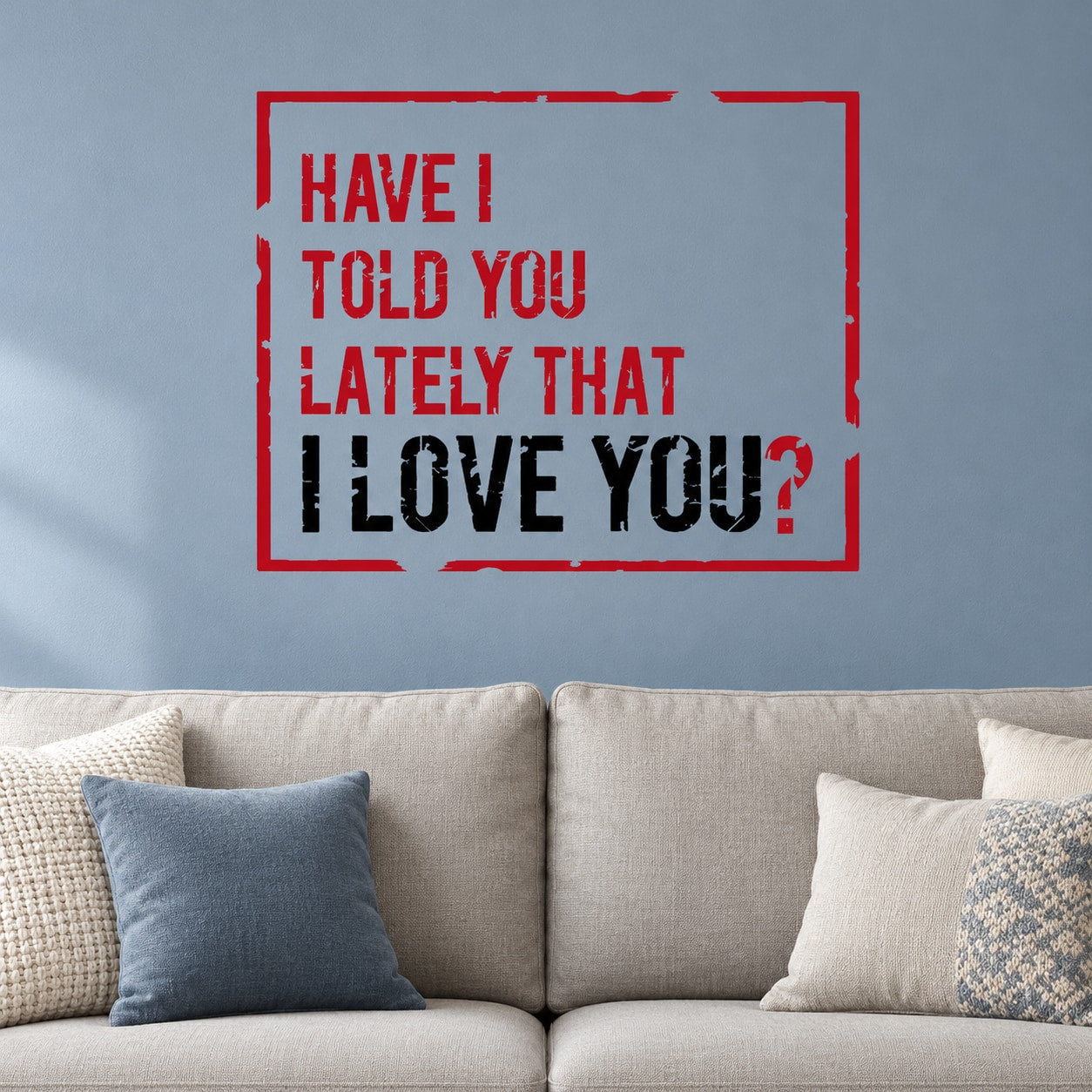 Square printed die-cut decal with red border and black love text: “I LOVE YOU?”