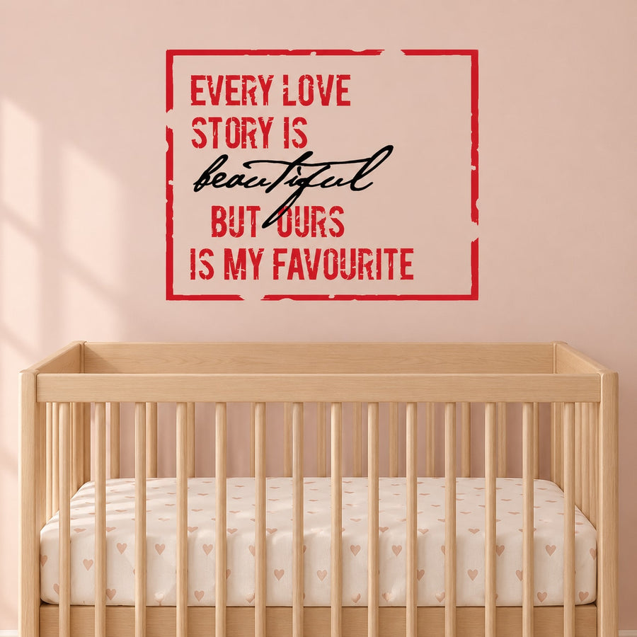 Love quote wall decal with red border, cursive 'beautiful' text and heart accents