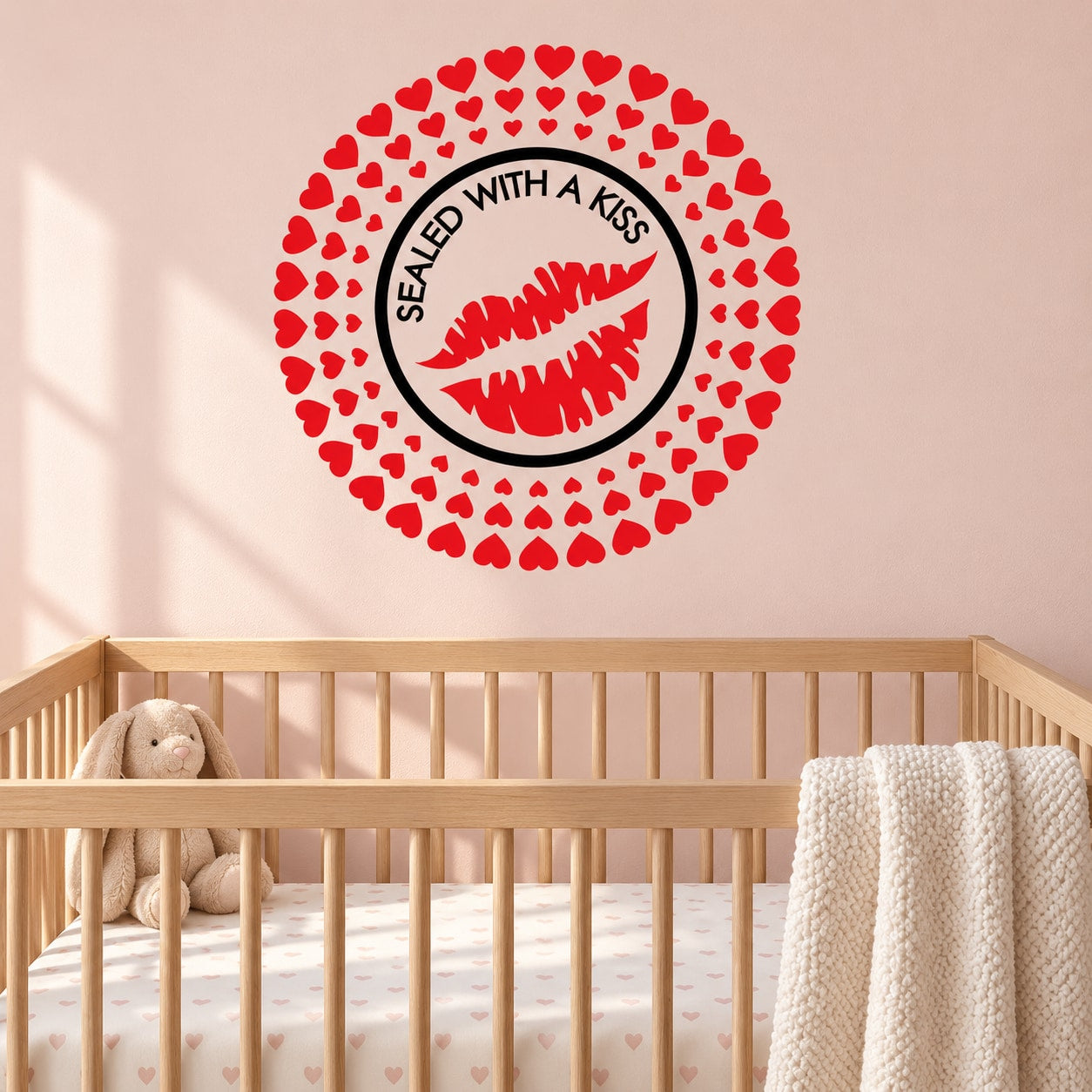 Heart-pattern circular die-cut decal with kiss lips and Sealed with a Kiss