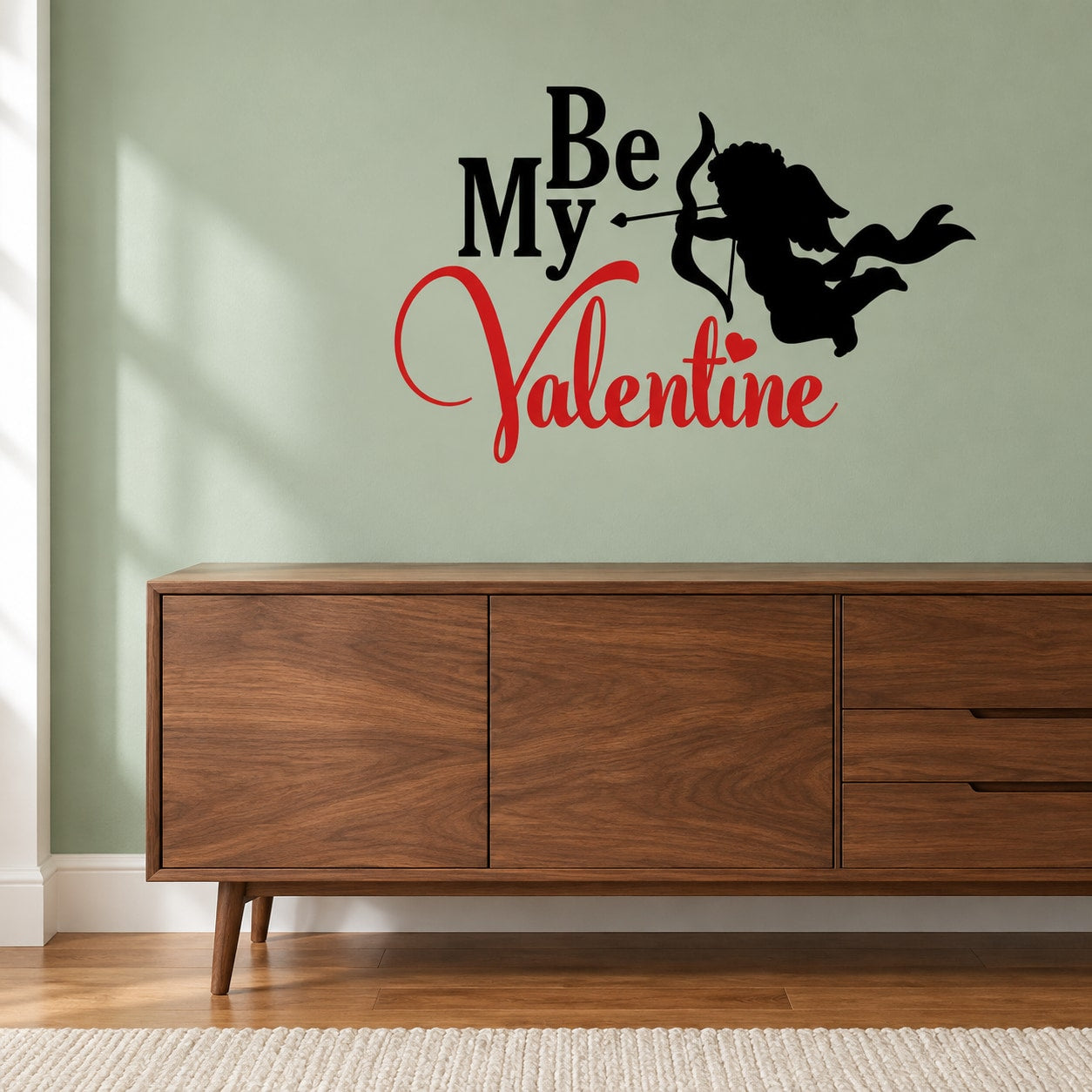 Valentine’s cupid wall decal with “Be My Valentine” lettering and black cupid silhouette