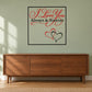 Framed wall art with red "Love You Always & Forever" script and heart decals