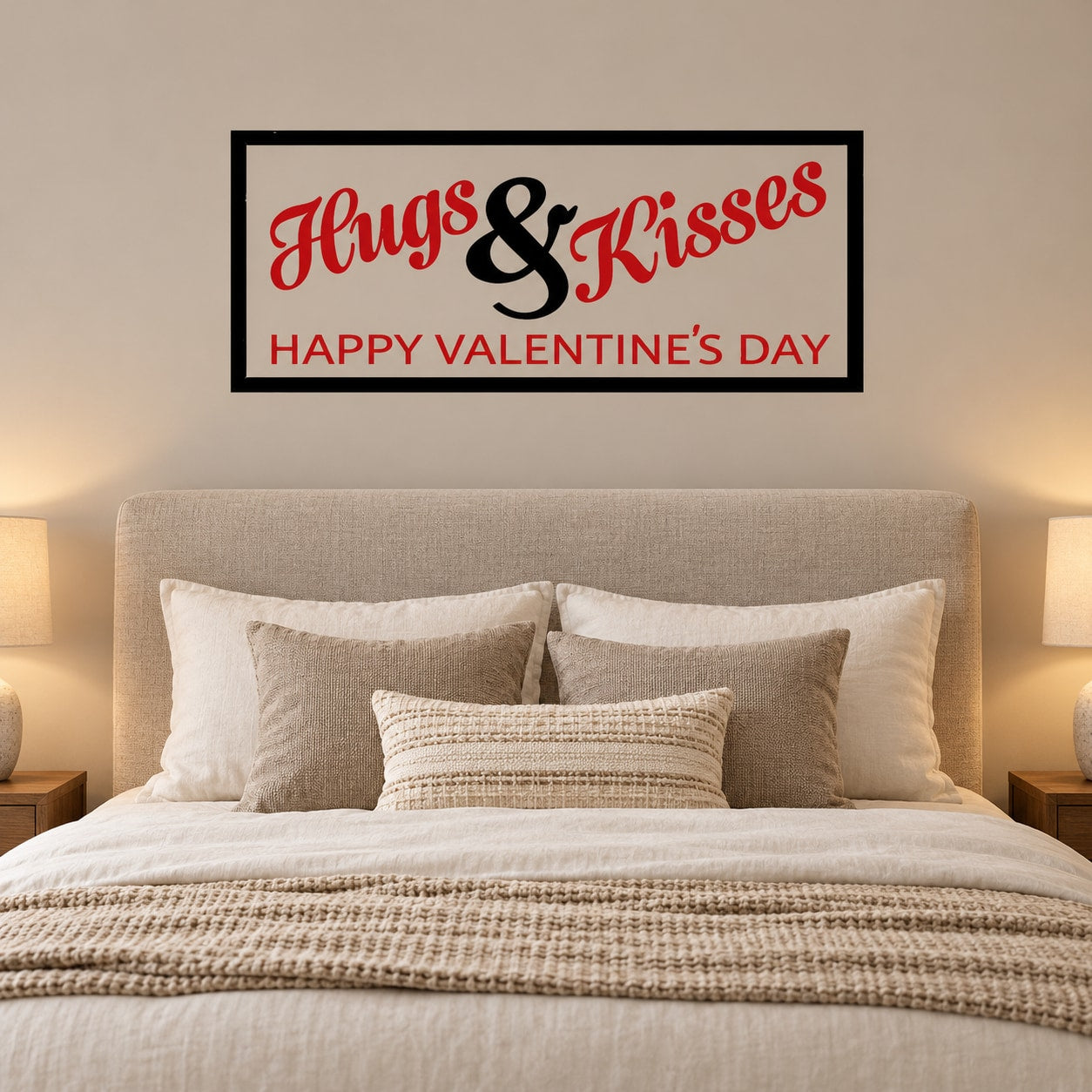 Valentine’s Day wall decal with “Hugs & Kisses” red script and “Happy Valentine’s Day” text