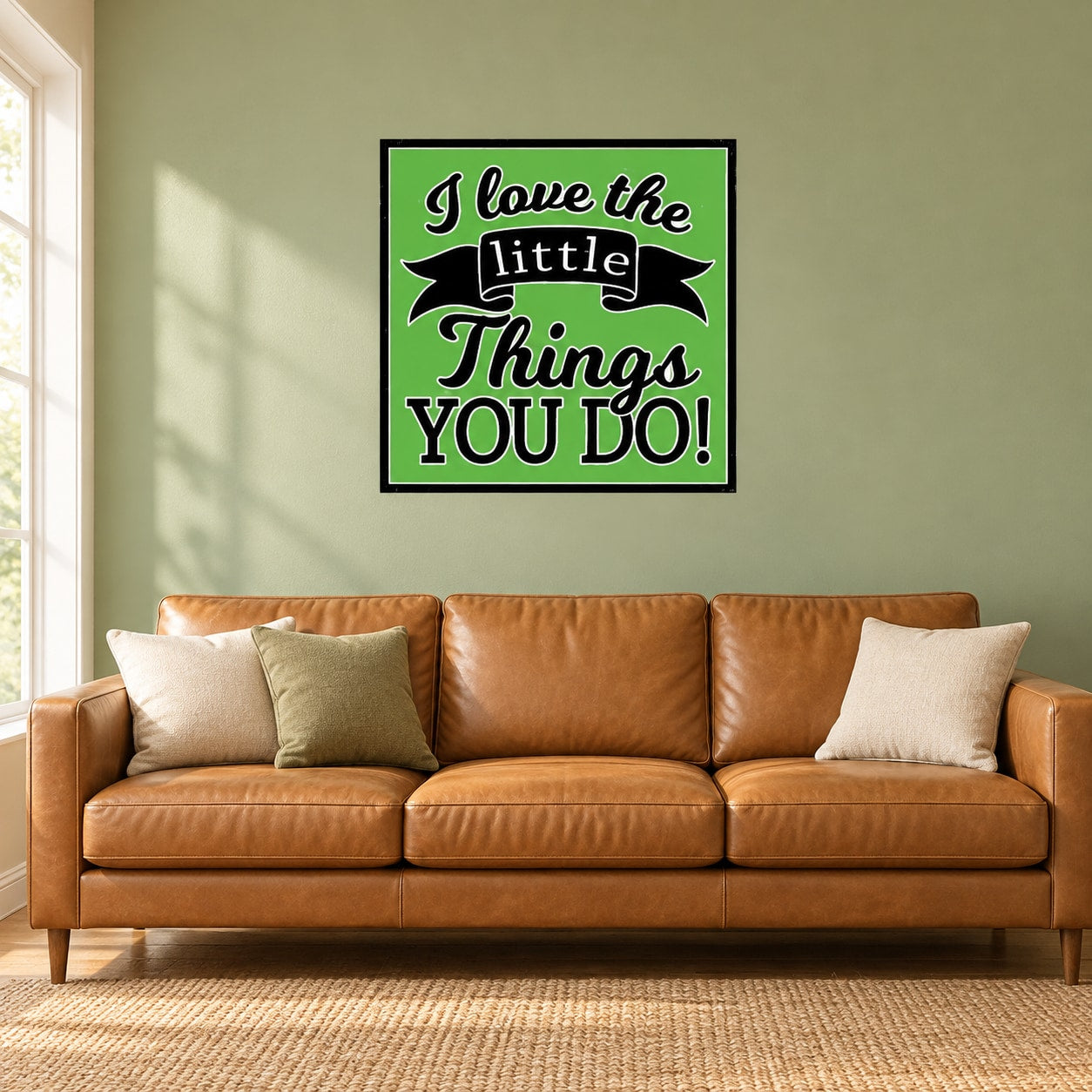 Green love quote sticker with white cursive text: I love the little things you do!