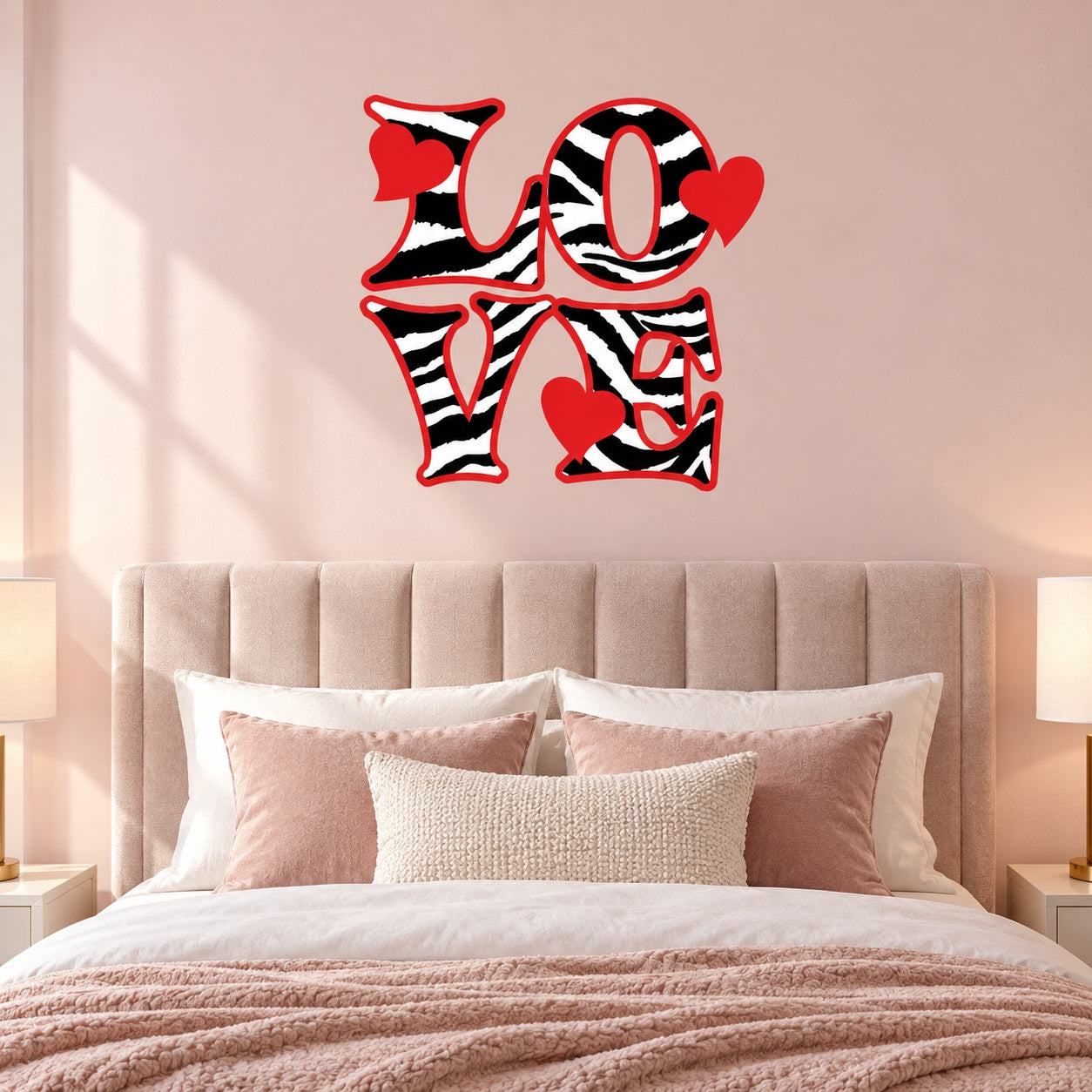 Red and black zebra-print LOVE wall decal with heart accents