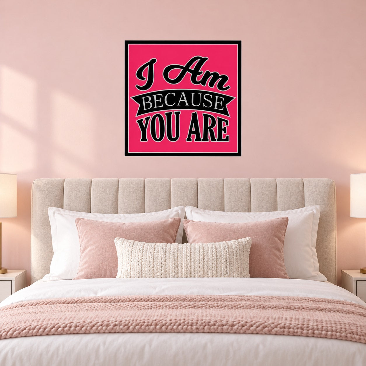 Square pink wall sticker with black border and 'I Am Because You Are' lettering