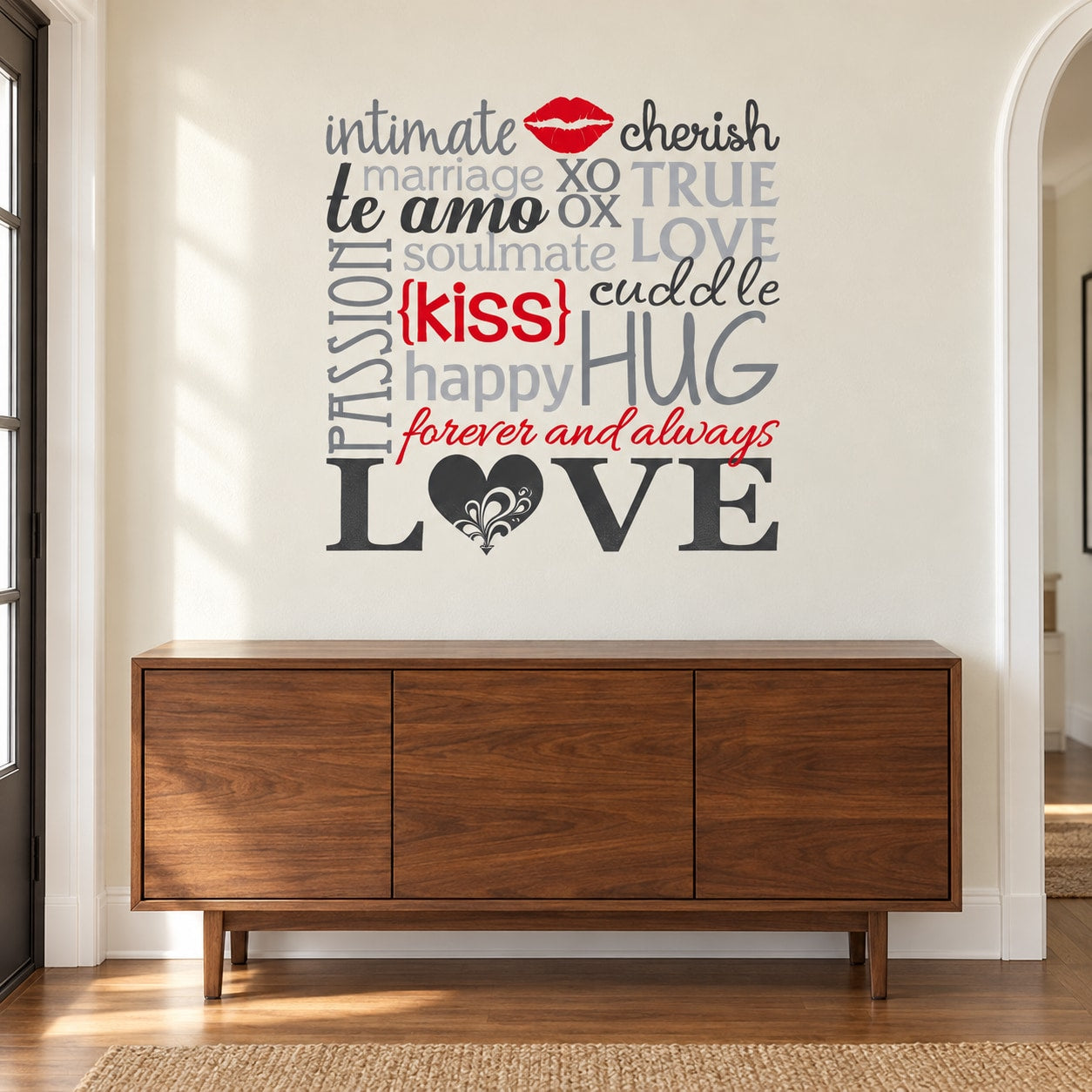 Love word collage wall decal with red and black typography and heart accents
