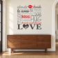 Love word collage wall decal with red and black typography and heart accents
