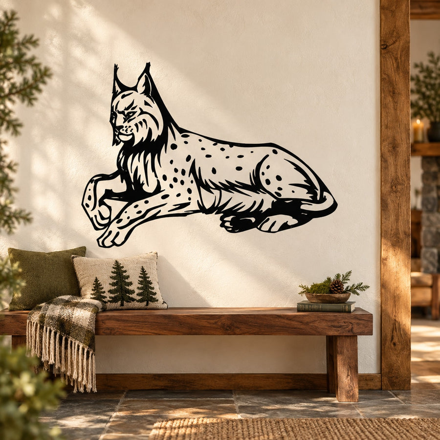 Resting lynx decal with black line-art of a curled lynx