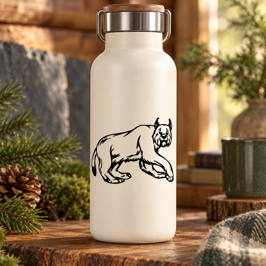 White bottle with hunting lynx vinyl decal