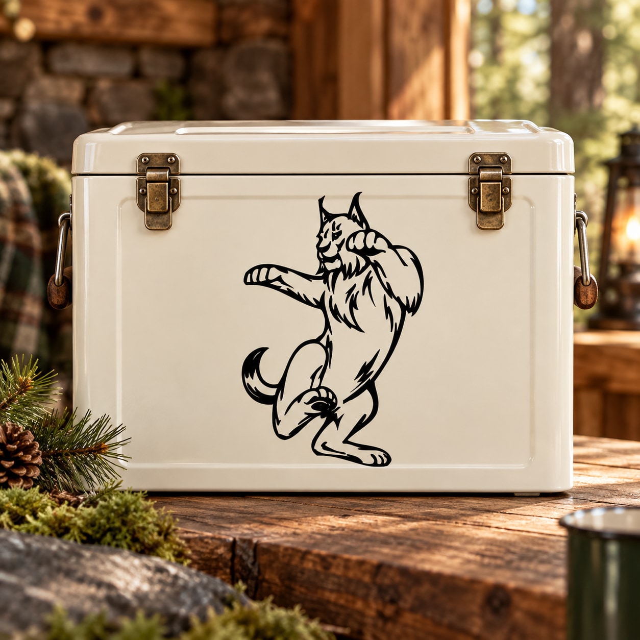 Attacking lynx decal on white metal cooler with metal latches
