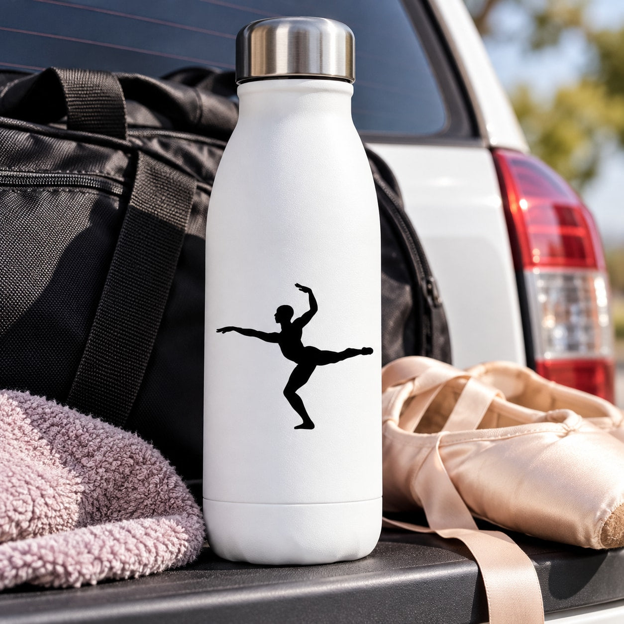 White insulated water bottle with black male ballet dancer decal silhouette
