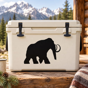 Woolly mammoth walking decal on white cooler, black silhouette