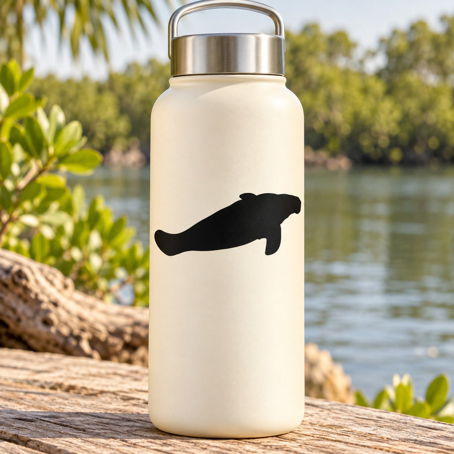 Black swimming manatee decal on water bottle