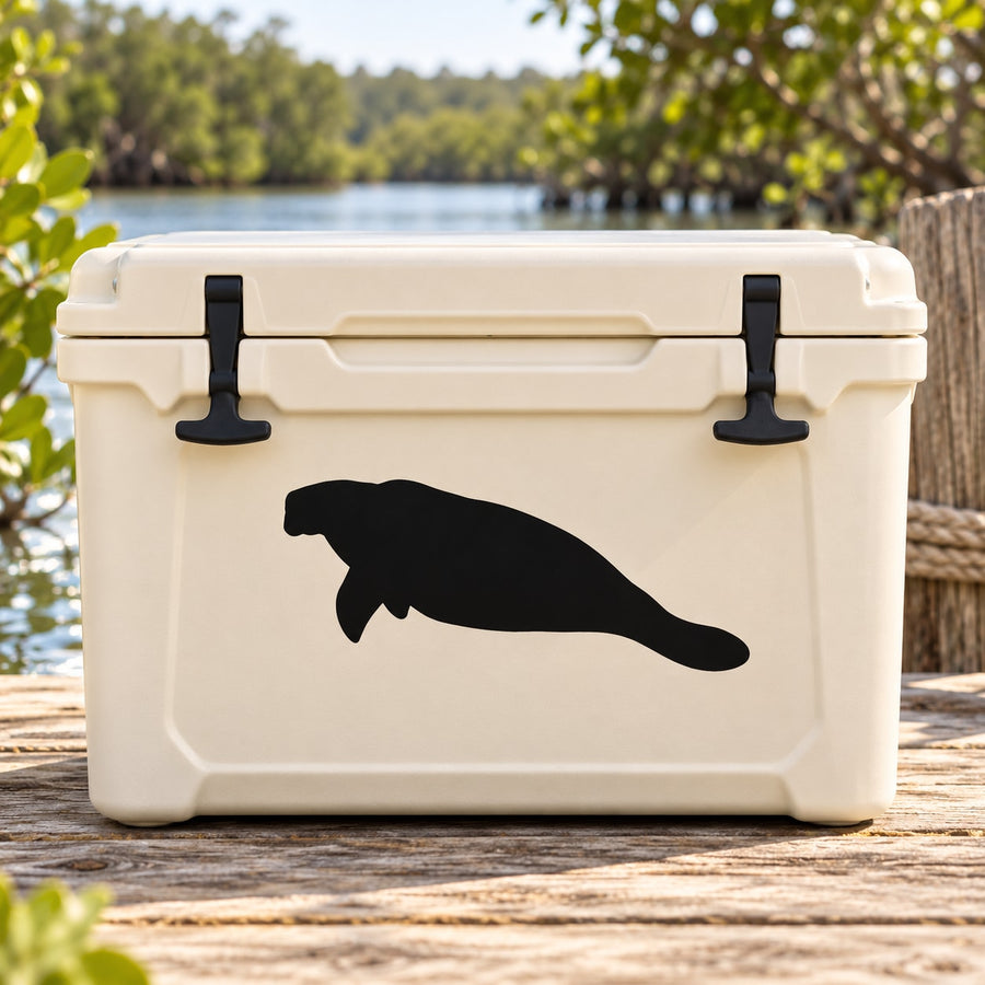Black manatee silhouette decal on white cooler with black latches