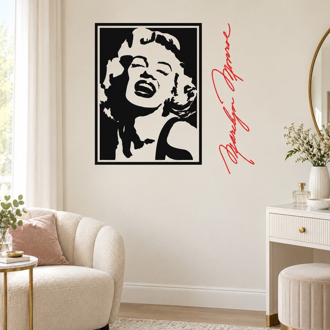 Black-and-white Marilyn portrait wall decal with red cursive signature, framed square