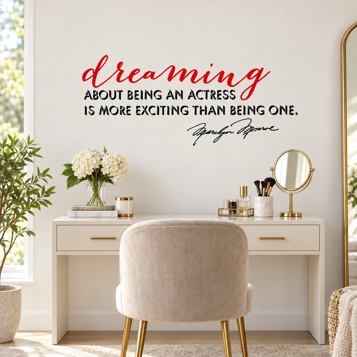 Red cursive and black quote wall decal for actress dream