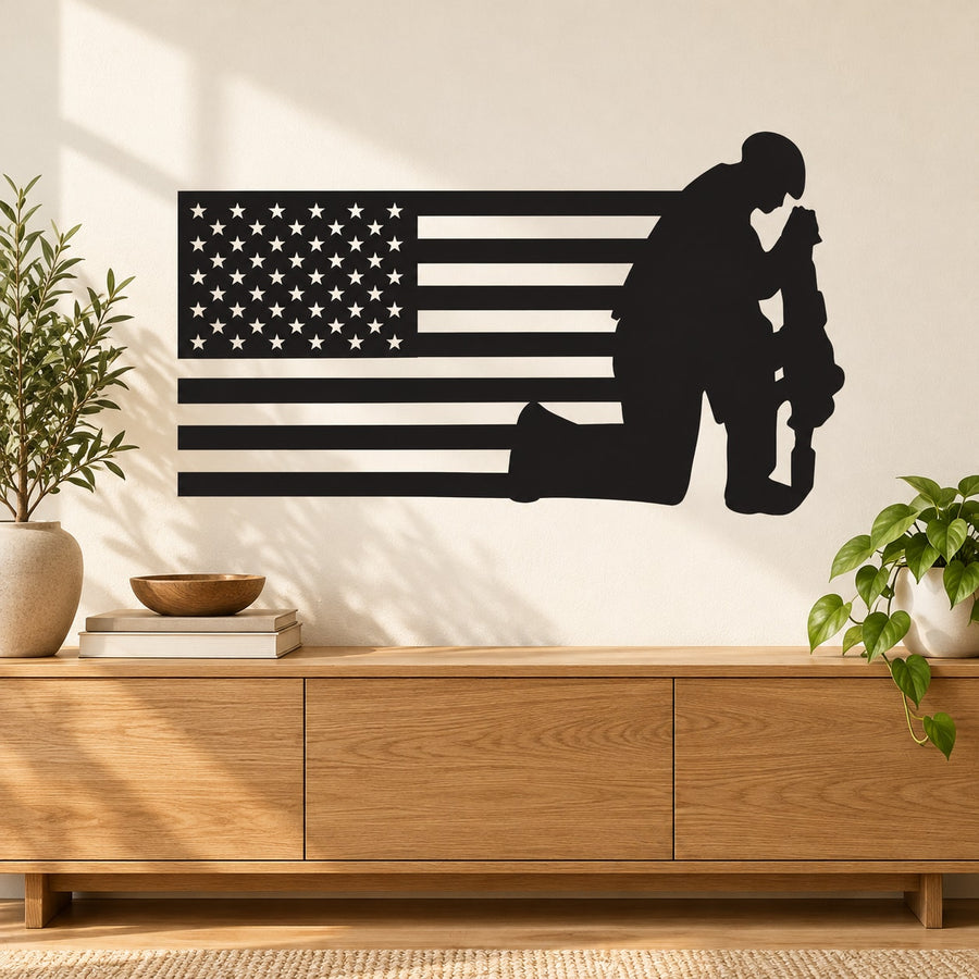 American flag wall decal with somber soldier silhouette holding rifle