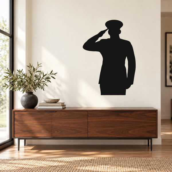 Marine saluting decal with black silhouette of a soldier saluting
