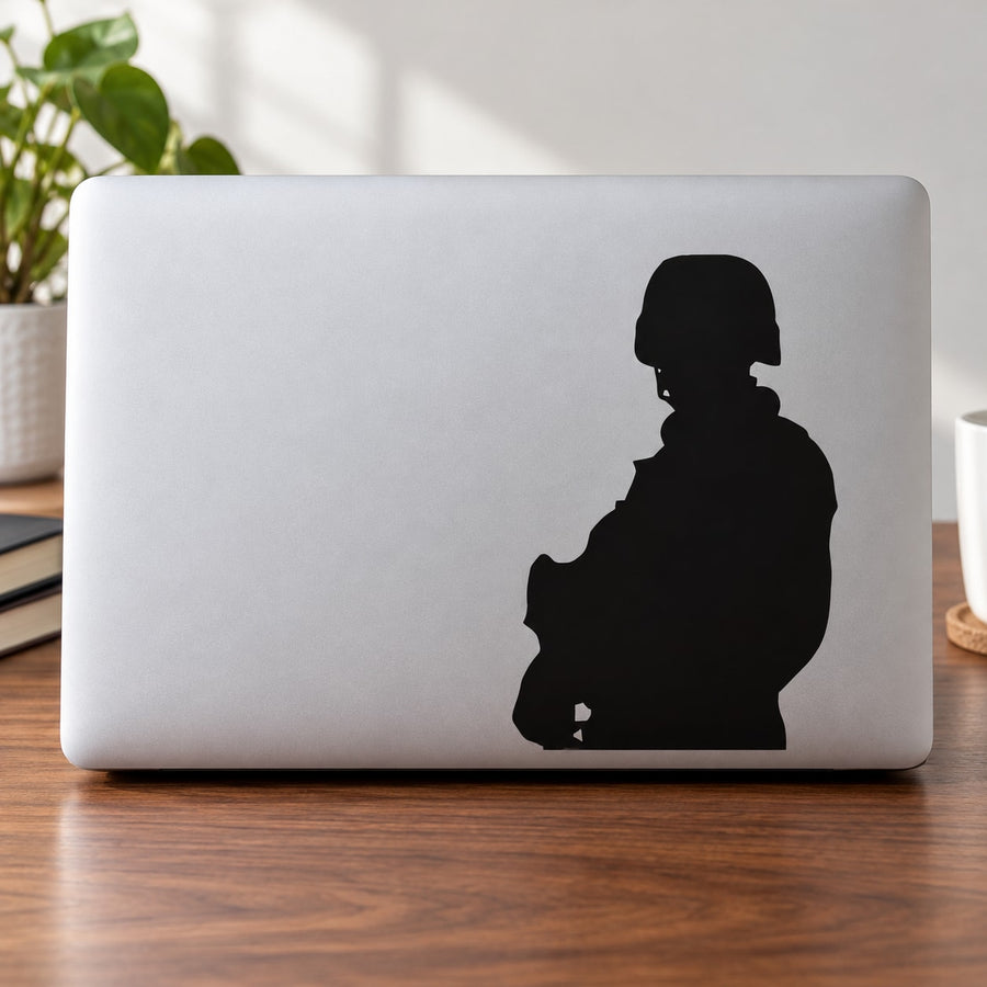 Modern soldier decal with black side-profile silhouette on light background