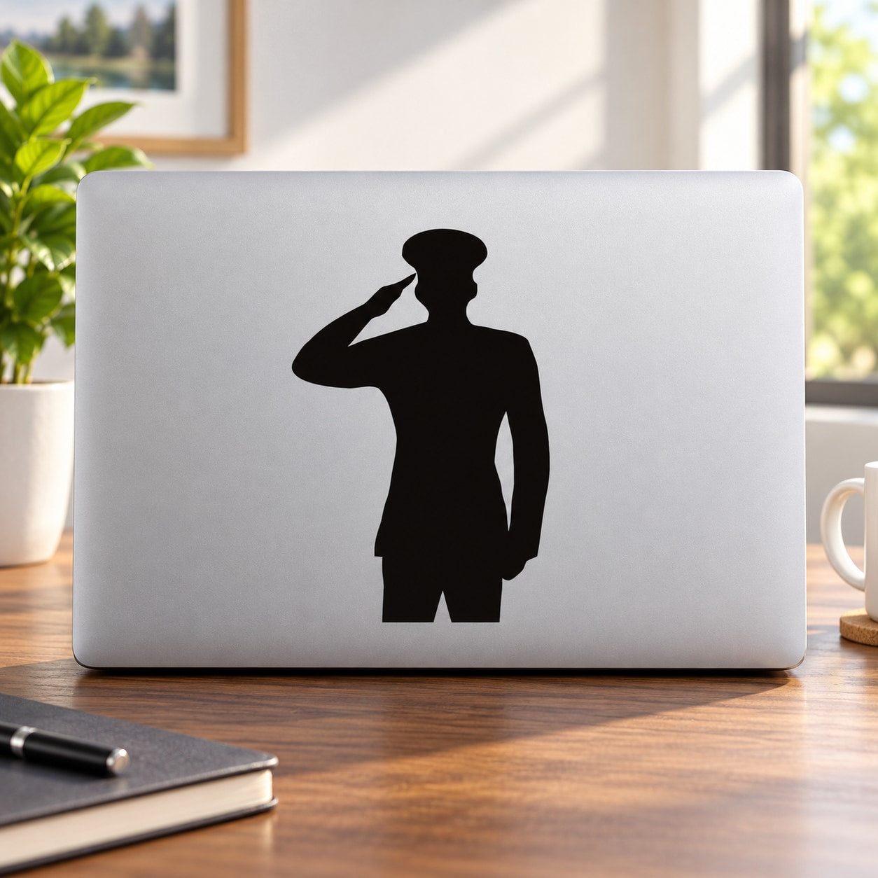 Saluting marine decal featuring a black standing sailor silhouette