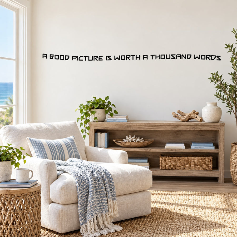 A good picture is worth a thousand words Wall Decal — illustrative vinyl decal application mockup. Surrounding objects are not included.