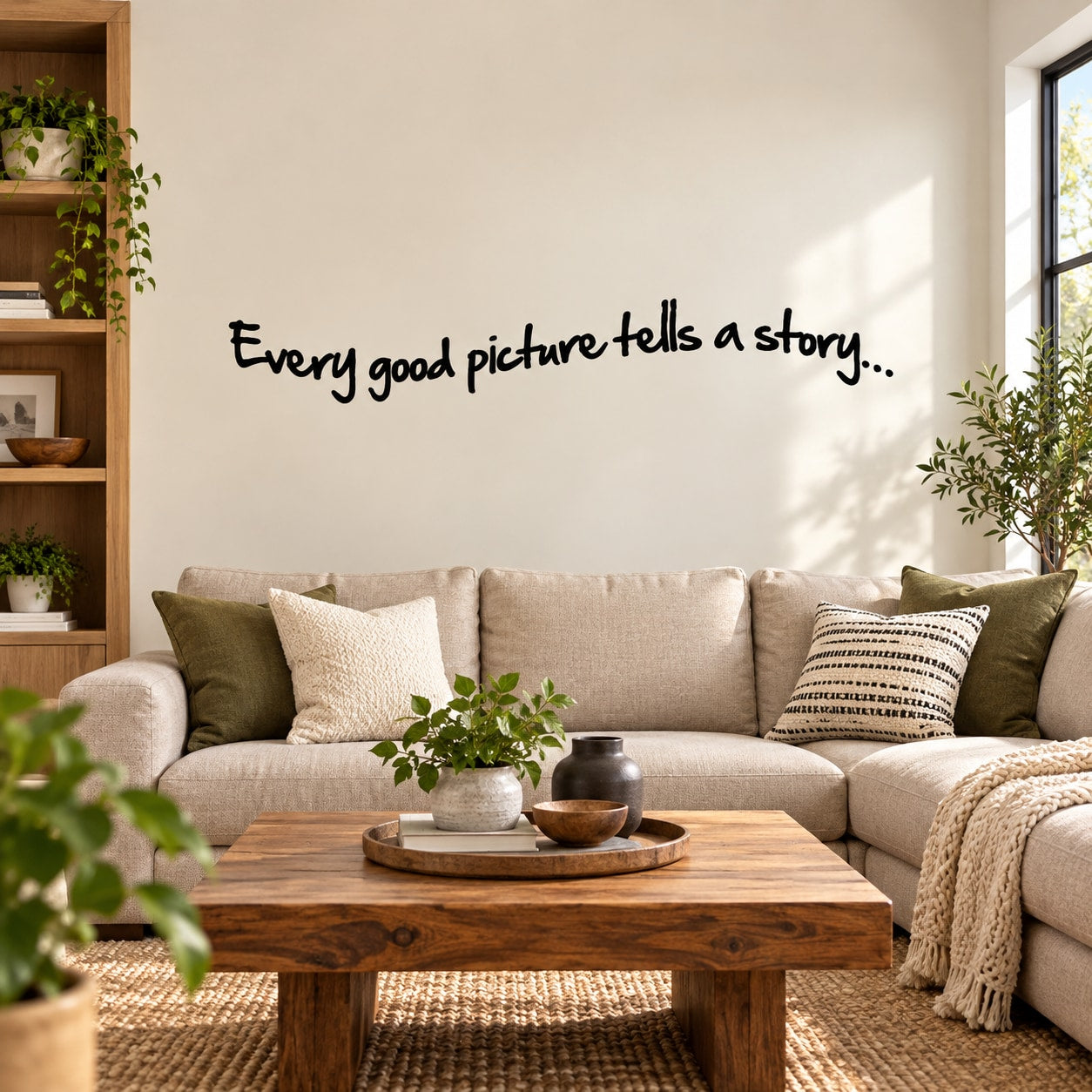 Wall decal with cursive text: "Every good picture tells a story..."