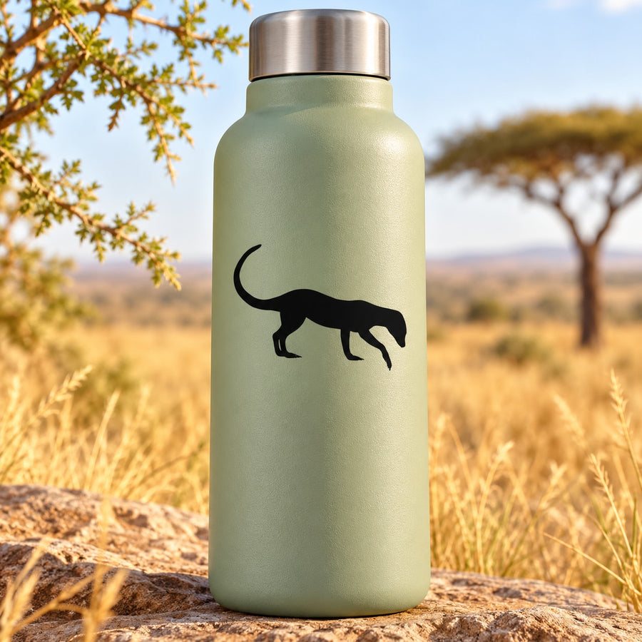 Sage green water bottle with black digging meerkat decal