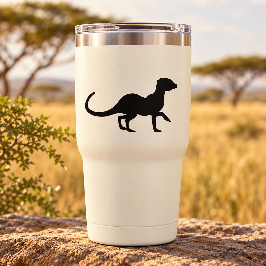 White tumbler with black cautious meerkat decal
