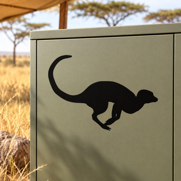 Running meerkat decal in black silhouette on a light square background