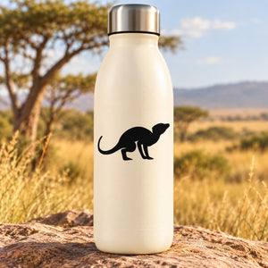 White water bottle with black hunched meerkat decal and silver cap