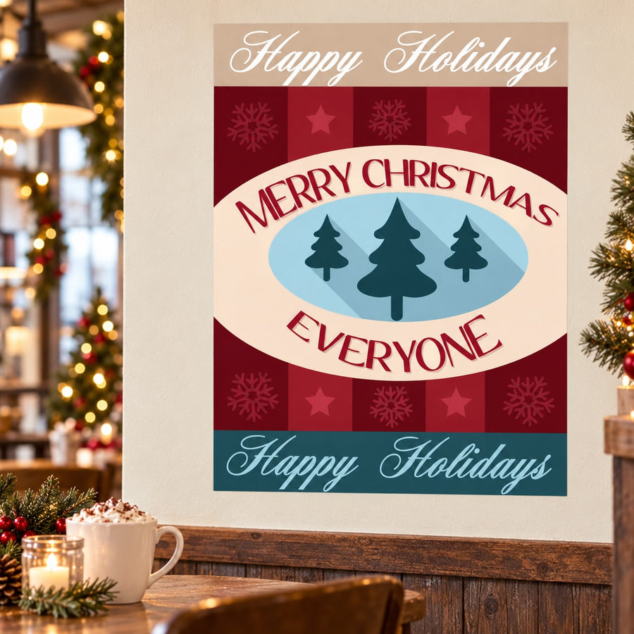 Christmas holiday sticker with oval 'Merry Christmas Everyone' and dark green pine trees