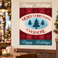 Christmas holiday sticker with oval 'Merry Christmas Everyone' and dark green pine trees