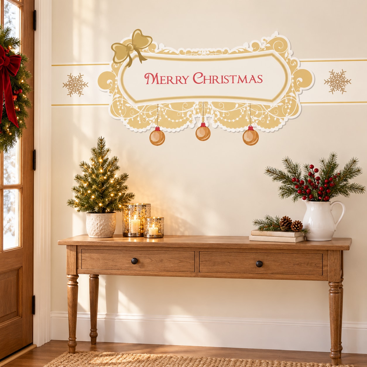 Gold lace Merry Christmas lettering sticker with ornate border