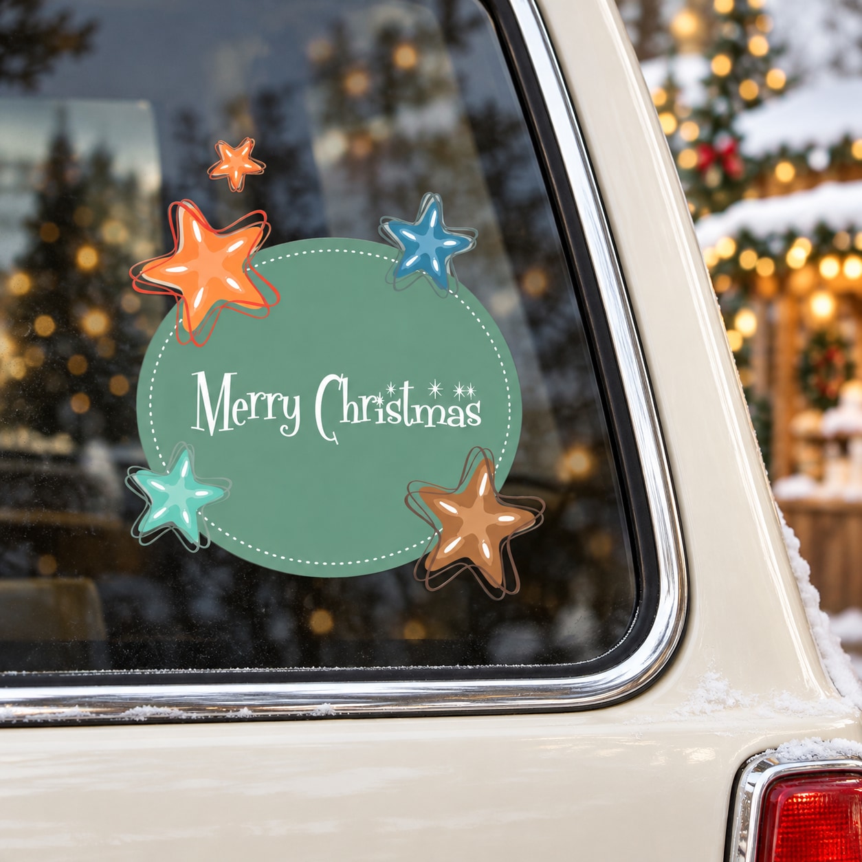 Round teal Christmas sticker with Merry Christmas text and multicolor star icons