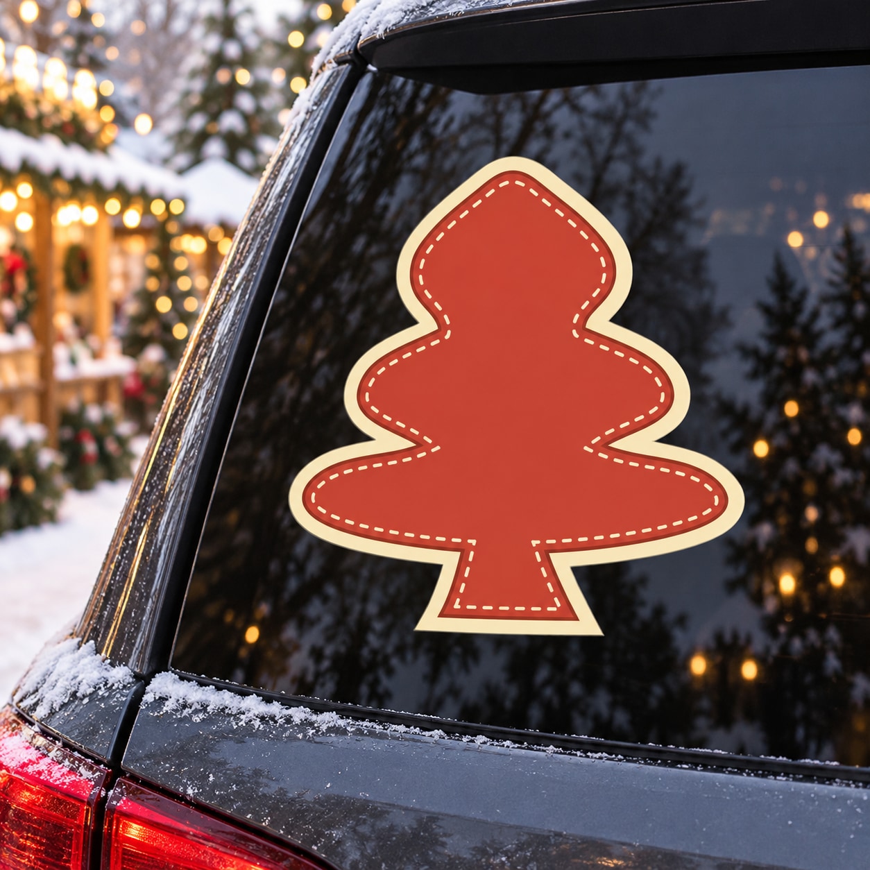 Christmas tree patch sticker, red stitched tree on black surface