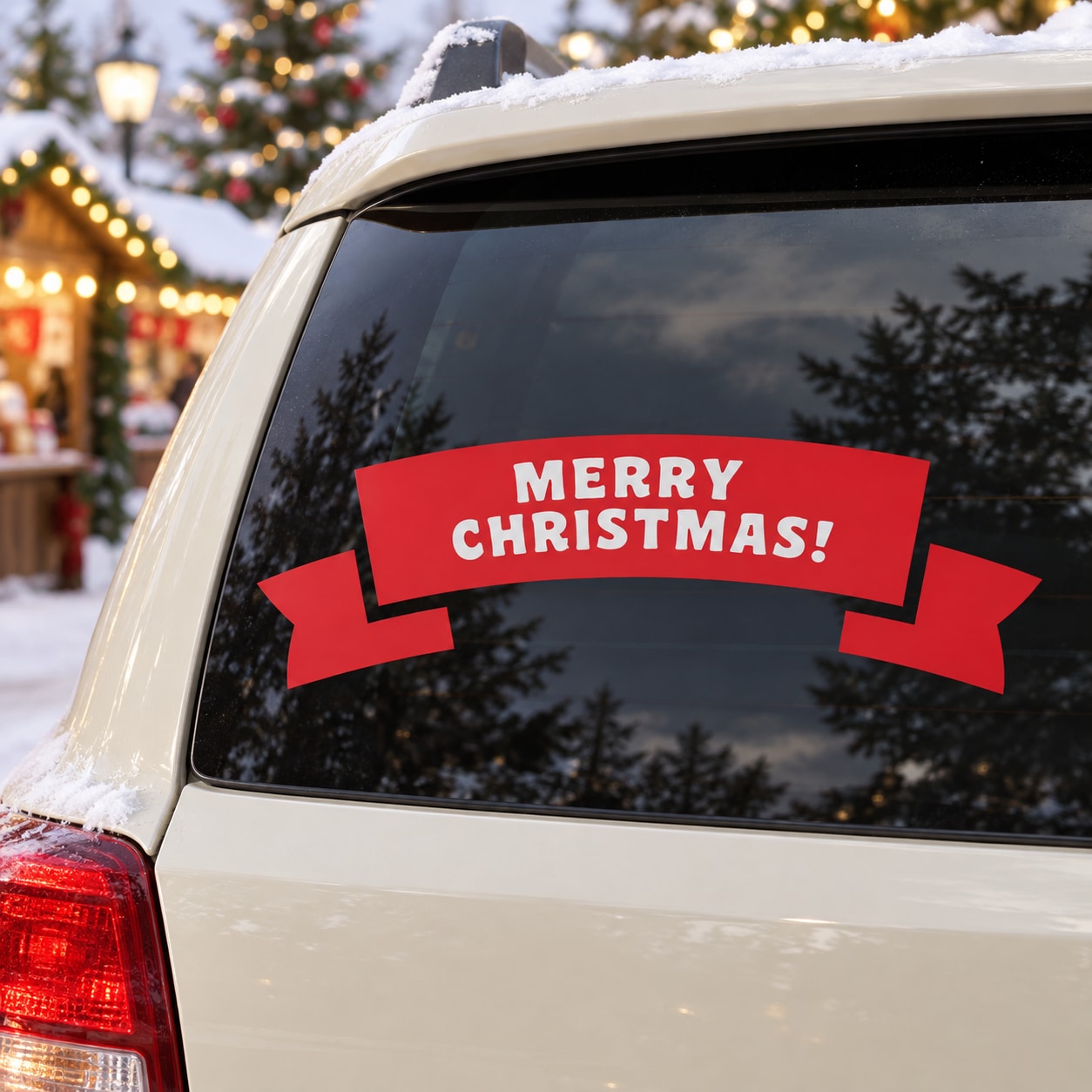 Merry Christmas banner decal with red ribbon and white “MERRY CHRISTMAS” on a car window